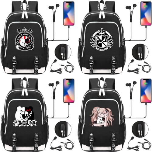 Anime Danganronpa USB Backpack Mens And Womens Black Leisure Laptop Backpack Boys Girls Student Schoolbag Bookbag