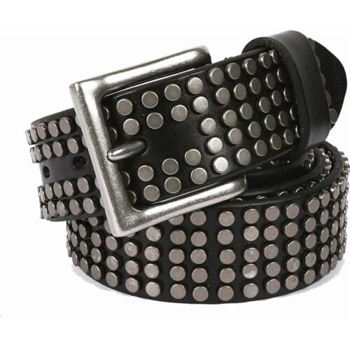 Vintage Mens Genuine Cowhide Metal Rivets D Shaped Buckle Belt Male Waistbands Real Cow Leather Jeans Cowskin Punk Belts