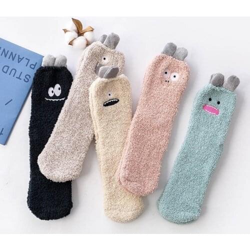 Socks Embroidery Monster Bread Fluffy Ears Home Slipper Floor Socks Woman Harajuku Winter Thickening Coral Velvet Socks Female