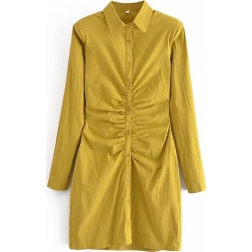 New Women 2021 Chic Fashion Pleated Cotton linen Mini Dress Vintage Long Sleeve Button-up Female Dresses Vestidos Mujer