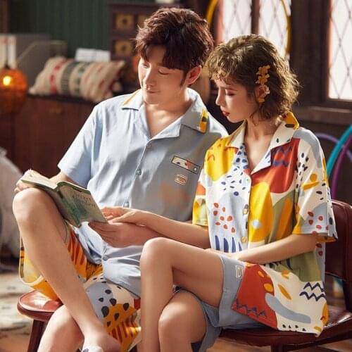 Sexy Cardigan Cotton Couple Pajamas Set Loose Short Sleeve Men Homewear Fashion Color Cartoon Graffiti Kawaii Maiden Sleepwear