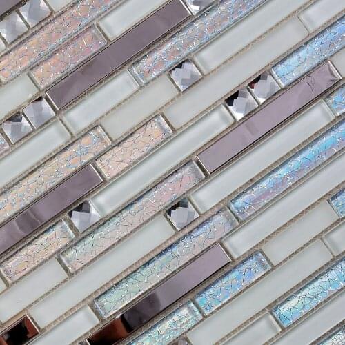 Strip stainless steel mix iridescent gold foil glass mosaic tile for home wall decoraton