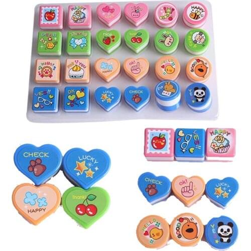 Photo Album Decor DIY Scrapbook Reward Toy Cute Heart Round Square Cartoon Rubber Stamps Red Stamp 24Pcs 1 Box Kids Stamp