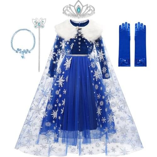 Disney Luxury Princess Dress for Girls Frozen Elsa Dresses Halloween Cosplay Costume Kids Snowflake Velvet Clothing With Cloak
