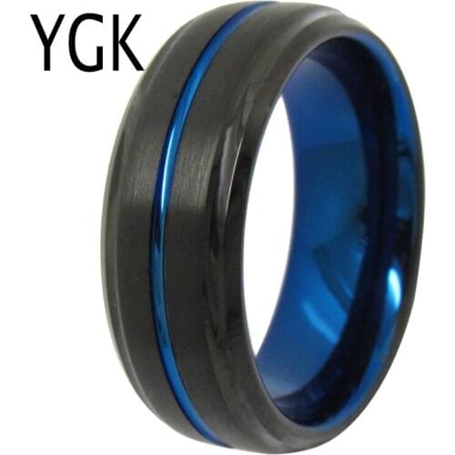 YGK Wedding Jewelry Matte Black Step With Blue Groove Tungsten Rings for Mens Bridegroom Wedding Engagement Anniversary Ring