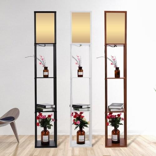 EU 220V Floor Lamp Wooden Frame Tall Light with Organizer Storage Shelf-Modern Standing Lamps for Living Room Bedroom