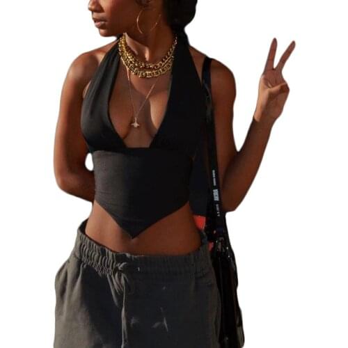 Womens Summer Halter Crop Tops Solid ColorSexy Sleeveless Backless Solid Color Irregular Hem Camisole