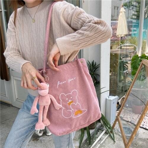 Hylhexyr Embroidered Bear Handbag Womens Corduroy Shoulder Bags Cloth Casual Tote Purse Female Reusable Shopping Bag