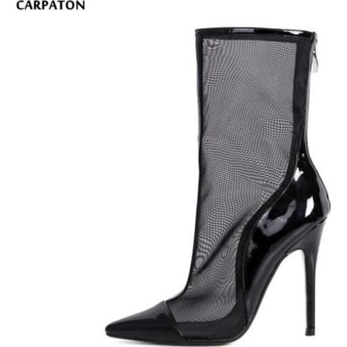 Carpaton Summer Newest Transparent Mesh High heel Boots for Woman Sexy Pointed Toe Thin Heels Shoes Runway Ankle Boots