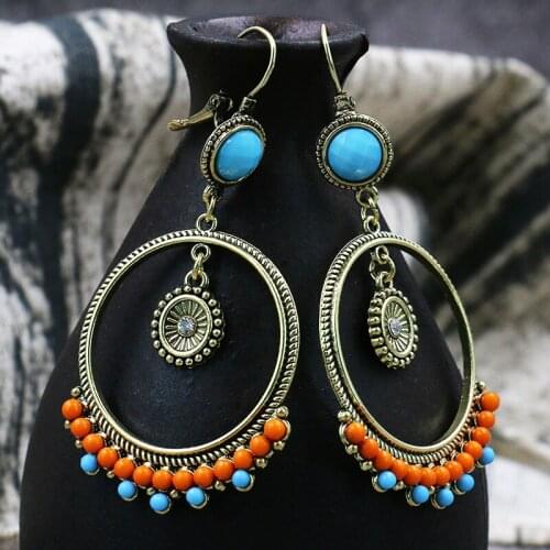 Womens Ethnic Round Alloy Orange Beads Drop Earrings Fashion Jewelry Vintage Gypsy Boho Jhumka Earrings Oorbellen