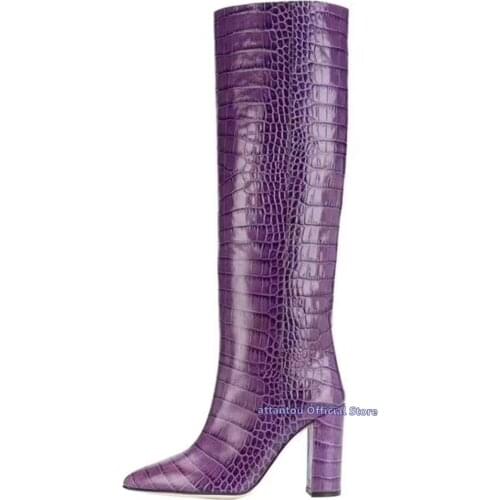 Fretwork Pattern Printed Leather Block Chunky High Heeled Knee High Boots Woman Solid Color Pointed Toe Winter Shoes Long Bota