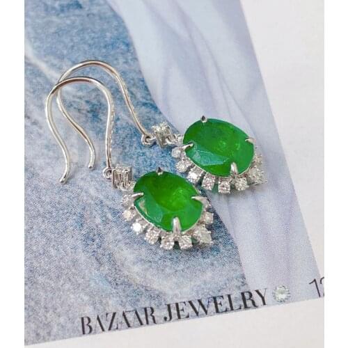 LR Jewelry Solid 18K Gold Nature Green Emerald 4.92ct Gemstones Diamonds Female Drop Earrings for Women Fine Earrings