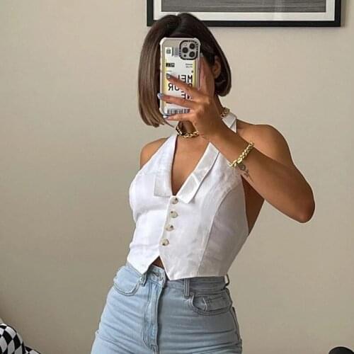 Puloru New Womens Halter Crop Tank Tops Chic Summer Elegant Sleeveless V Neck Button Down Lapel Vest Office Lady Backless Top
