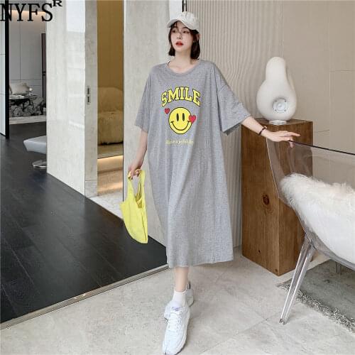 NYFS Summer Dress 2021 Korean New Short Sleeve Woman Dress Vestidos Robe Elbise Fashion Pure cotton Smiley letters Long Dress