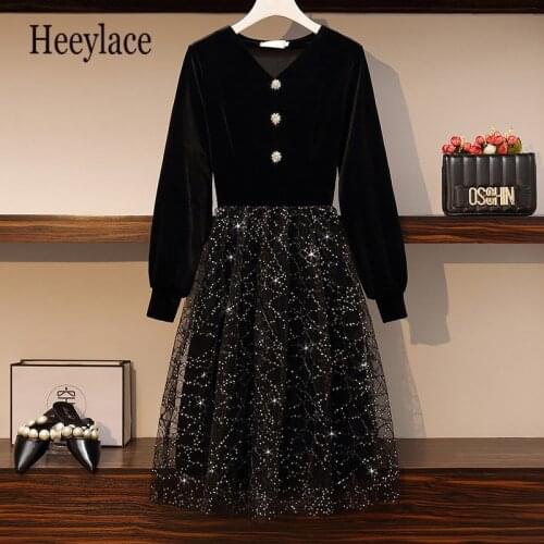 Plus size Women Vintage Black Velvet Dress Autumn 2020 autumn sequined Mesh Patchwork Long Sleeve High Waist Elegant Dresses