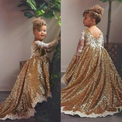 Gold High Low Flower Girl Dresses Jewel Neck Appliqued Sequins Long Sleeves Girl Pageant Gowns Ruffle Sweep Train Custom Made Bi
