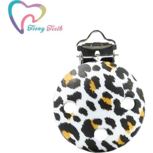 1 PC White Leopard Round Pacifier Clip Baby Silicone Teether Teething Beads Accessories DIY Metal Clip Clasps Baby Clasps Holder