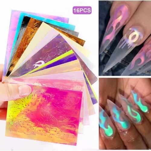 16pcs Glitter Holographic Fire Flame Nail Foil Strip Tape Hollow Sticker Thin Laser Stripe Nail Art Stick Flame/ leaves