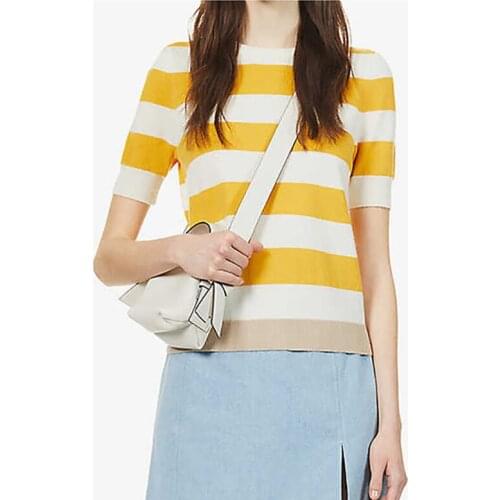 2021 Summer Womens Silk Flax Short Sleeve Stripe Simple Urban Pullover Ultra Thin Round Neck Slim Fit T-Shirt