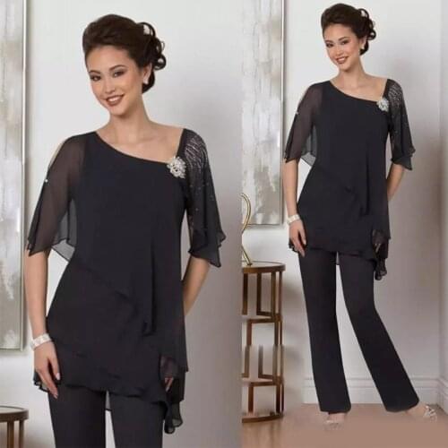 Black Two Pieces Mother Of The Bride Pant Suits With Half Sleeves Beaded Wedding Guest Dresses Chiffon Plus Size Formal Dress