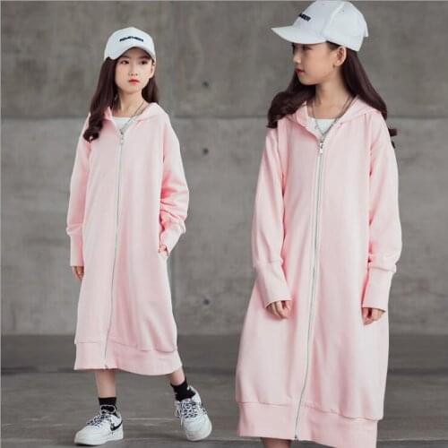 Girls Long Coats 2021 Spring Pink Looded Coats Fashion High-grade Children Clothes Korea Girl Clothing 6 8 10 12 Year