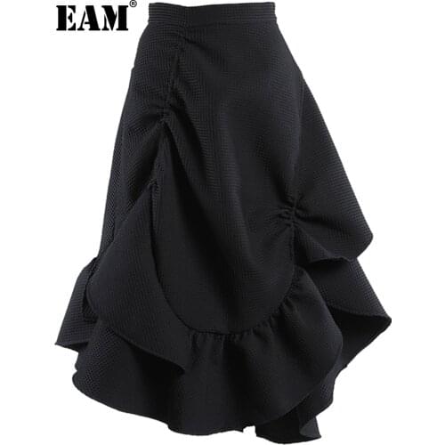 [EAM] Black Irregular Wrinkled Ruffles High Elastic Waist Half-body Skirt Women Fashion Tide New Spring Autumn 2021 1DD3216