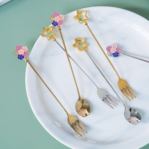 INS Flower Star Sweet Spoon Fork Milk Coffee Tea Spoon Desert Scoop Set 304 Stainless Steel Ice Cream Household Fruit Fork