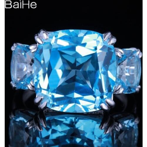 BAIHE Sterling Silver 925 13.3ct Flawless Cushion Sky Blue Topaz Wedding Women Trendy Fine Jewelry Making Blue Topaz Ring кольцо