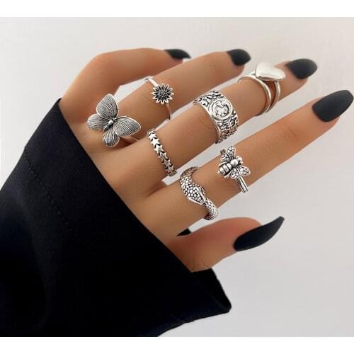 Aprilwell 7 Pcs Punk Snake Ring Set for Women Gothic Butterfly Hip Hop Aesthetic Heart Anillos Kpop Fashion Jewelry Dropshipping