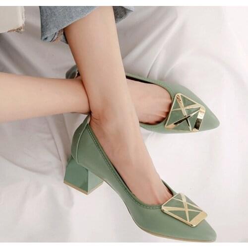 Fashion Sexy Square Buckle High Heels Women Shoes Full Leather Crystal Heel Girls Spring Party Shoes Woman High Heel Shoes T3-34