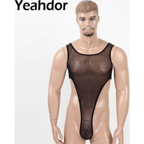 Men See Through Sheer Mesh Lingerie Homme One-piece Deep U Neck Sleeveless High Cut Jumpsuit Man Tank Wrestling Singlet Bodysuit