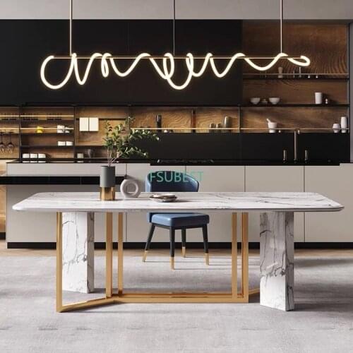 Modern Design Dining Room Furniture Set Italian Luxury Gold Stainless Steel White Marble Retangle Dining Table