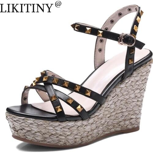NEW LIKITINY 2021 Summer Rivet Sandals Womens shoes Genuine leather Bohemia Buckles strap Wedges Platform Ladies shoes