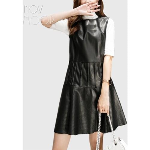 Novmoop sweet lady genuine leather women dress flare hem decored with stitches elegant folds waist detail Robe en cuir LT3499