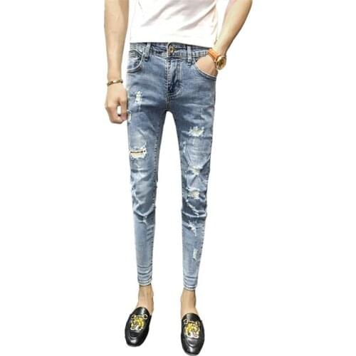 Wholesale 2020 Fashion Casual School Distressed Guy jeans mens feet Slim light blue hole tight Ankle Length pencil pants jeans