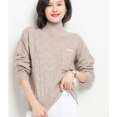 Autumn and winter half turtleneck sweater womens pullover thick and loose outer wear lazy style knitted 100 pure wool sweater