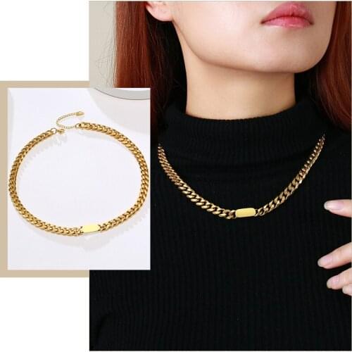 Women Basic Cuban Chain Choker Necklaces,Gold Color Anti Allergy Stainless Steel Metal Curb Collar Neck Jewelry, 8mm Wide