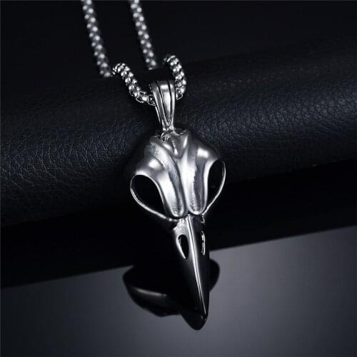Mens Punk Silver Color Raven Crow Skull Pewter Wiccan Stainless Steel Pendants Necklace Hip Hop Bright Cosplay Accessories