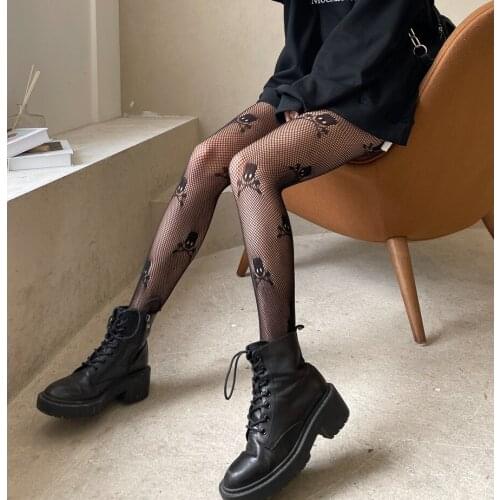 Sexy Mesh Tights Skull with Print Fishnets Erotic Anime Stockings Women Nylon Transparent High-Waisted Net Female Long Pantyhose