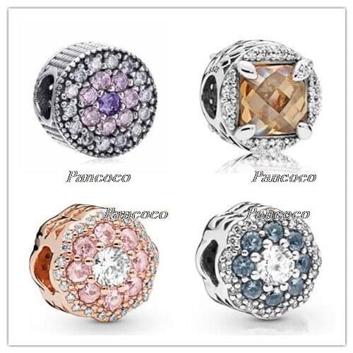 925 Sterling Silver Charm Rose Gold Pink Sparkle Flower With Crystal Beads Fit Pandora Bracelet & Necklace Diy Jewelry