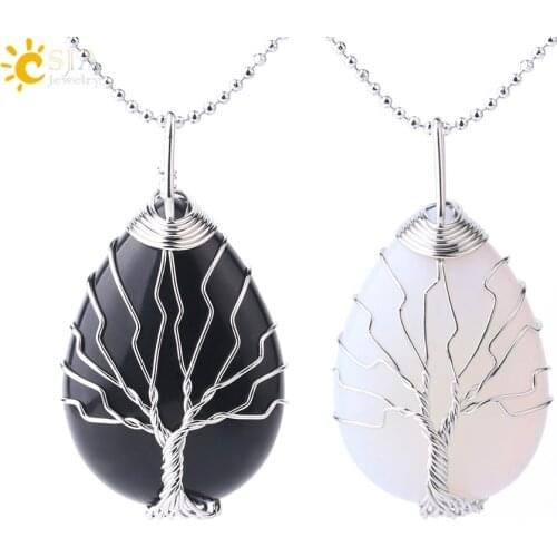 CSJA Water Drop Tree of Life Pendants Necklace Silver Color Wire Wrap Black Onyx Opal Stone Pendant Women Men Reiki Jewelry F765