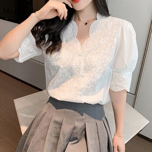 Embroidery Lace Women Blouses Summer Plus Size Long Sleeve Casual White Tops for Girls Hollow Out Femme Linen Cotton Shirt 13102