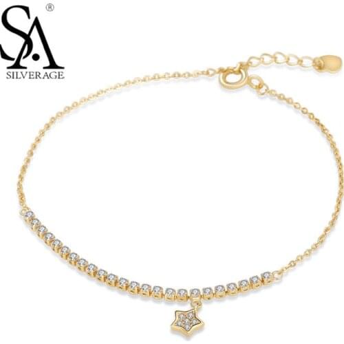 SA SILVERAGE 925 Sterling Silver Gold Color Star Zircon Bracelet for Women 2018 New Arrival Fine JewelryCharms Bracelets