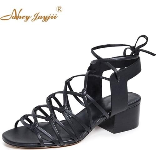 Women Shoes Ladies Sandals Black Solid Ankle Strap Lace-Up Wedding/Party Med Square Heels Elegant Fashion Mature 2019 Basic Sexy