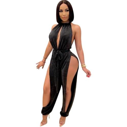 Sexy Women Jumpsuit Drawstring Split Sleeveless Long Romper Women Jumpsuit Party Night Clubwear Overalls