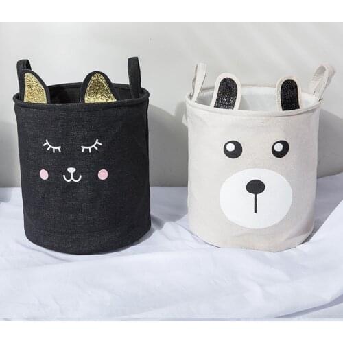 Cartoon Fox Cat Bear Folding Laundry Basket Round Storage Bin Bag Large Hamper Collapsible Clothes Toy Holder Bucket Organizer