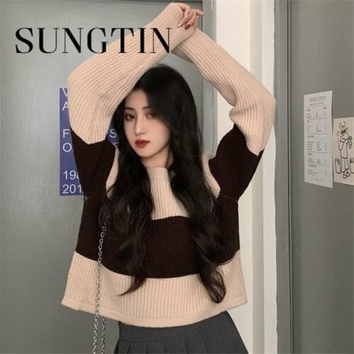 Sungtin O Neck Color Block Striped Sweater Short Pullover Women Black White Vintage Outerwear Loose Knit Sweater Stripe Korean