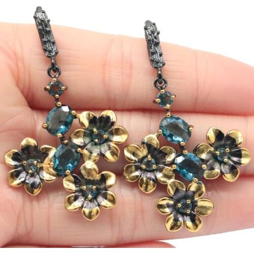 52x31mm Unique Gothic Handmade Carved Vinitage Flowers Created London Blue Topaz Green Peridot Cool Black Gold Silver Earrings