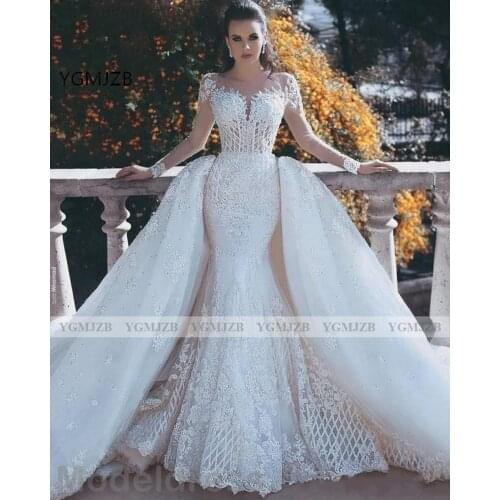 Gorgeous Lace Fabric Mermaid Wedding Dresses in Dubai 2020 Long Sleeves Beads Detachable Train Wedding Gown for Bride Pluse Size