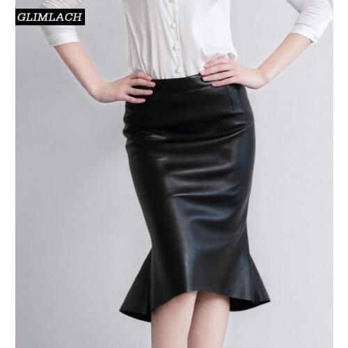 High Waist Genuine Leather Mermaid Skirt Women Real Leather Office Lady Elegant Party Ruffle Slim Fit Midi Long Skirts Female